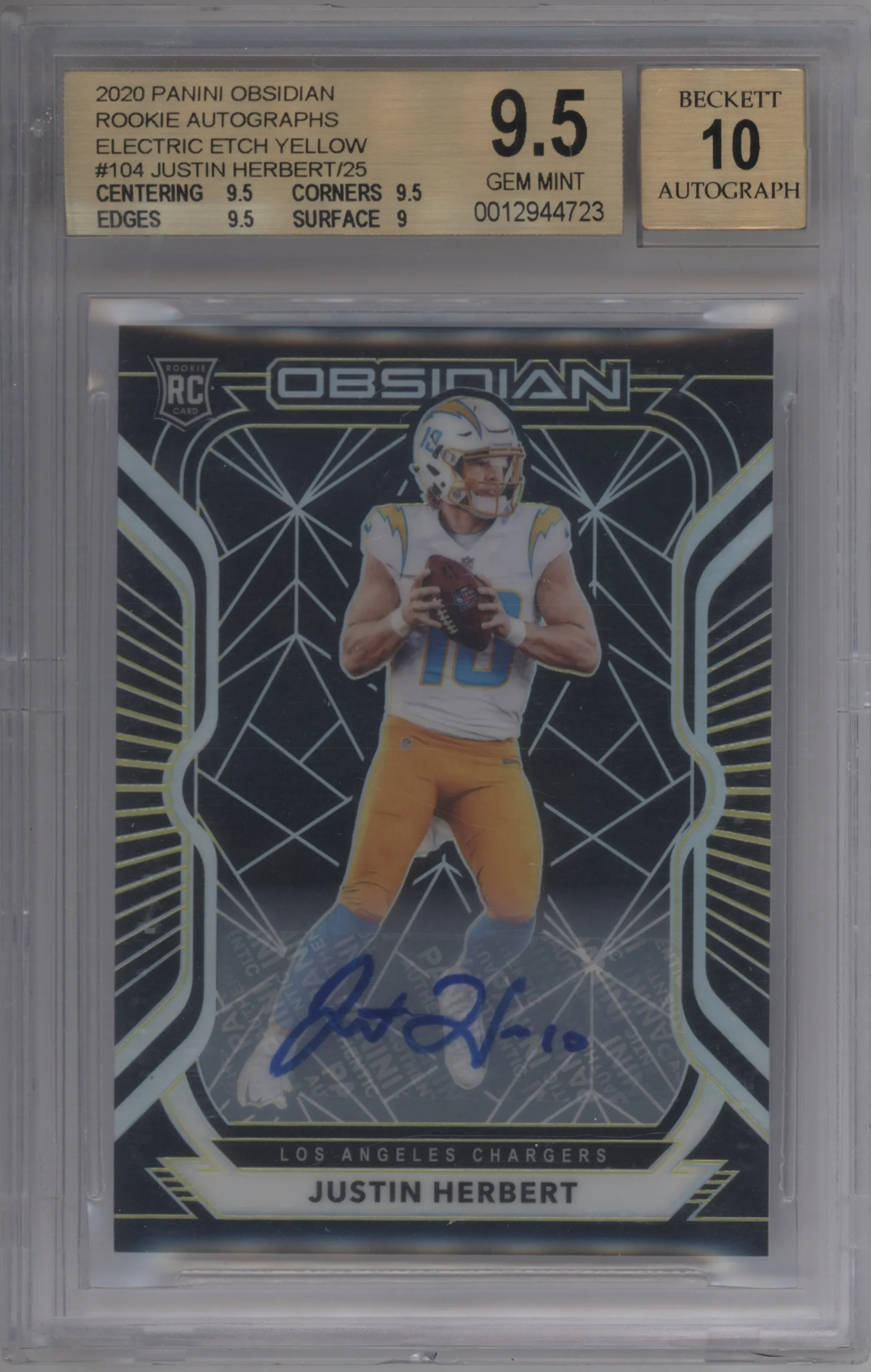 2020 Panini Obsidian Rke.Auto Justin Herbert Electric Etch Yellow #104 BGS 9.5