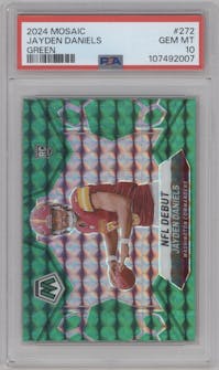 Jayden Daniels from the 2024 Panini Mosaic set featuring a Green Mosaic parallel graded by PSA and given an overall grade of 10.