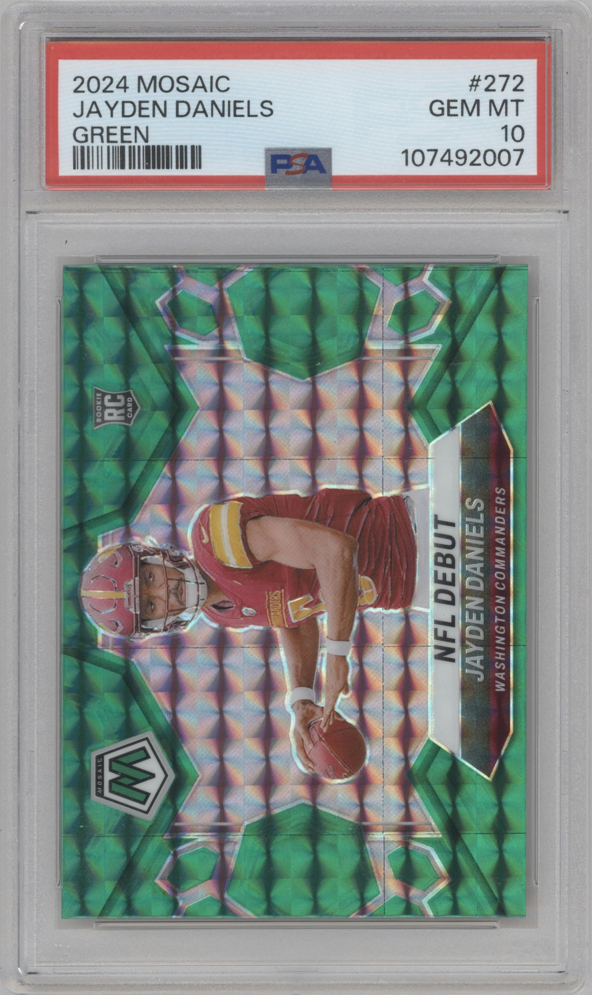 Jayden Daniels from the 2024 Panini Mosaic set featuring a Green Mosaic parallel graded by PSA and given an overall grade of 10.