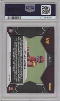 Jayden Daniels from the 2024 Panini Mosaic set featuring a Green Mosaic parallel graded by PSA and given an overall grade of 10.