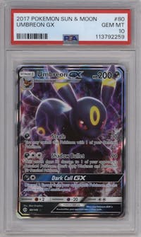 Umbreon GX from the 2017 Pokemon S&M set graded by PSA and given an overall grade of 10.