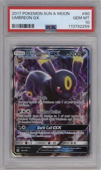 Umbreon GX from the 2017 Pokemon S&M set graded by PSA and given an overall grade of 10.