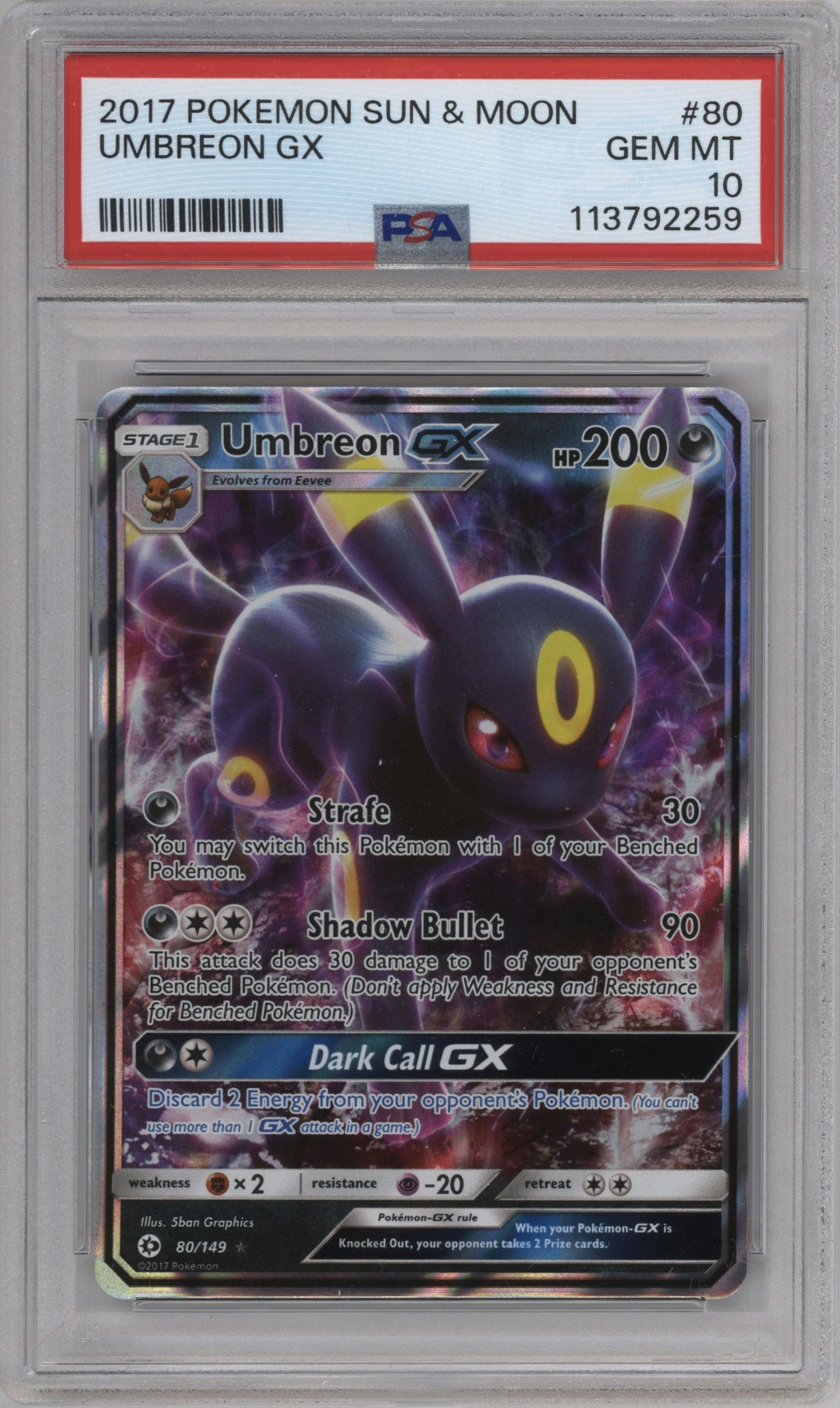 Umbreon GX from the 2017 Pokemon S&M set graded by PSA and given an overall grade of 10.