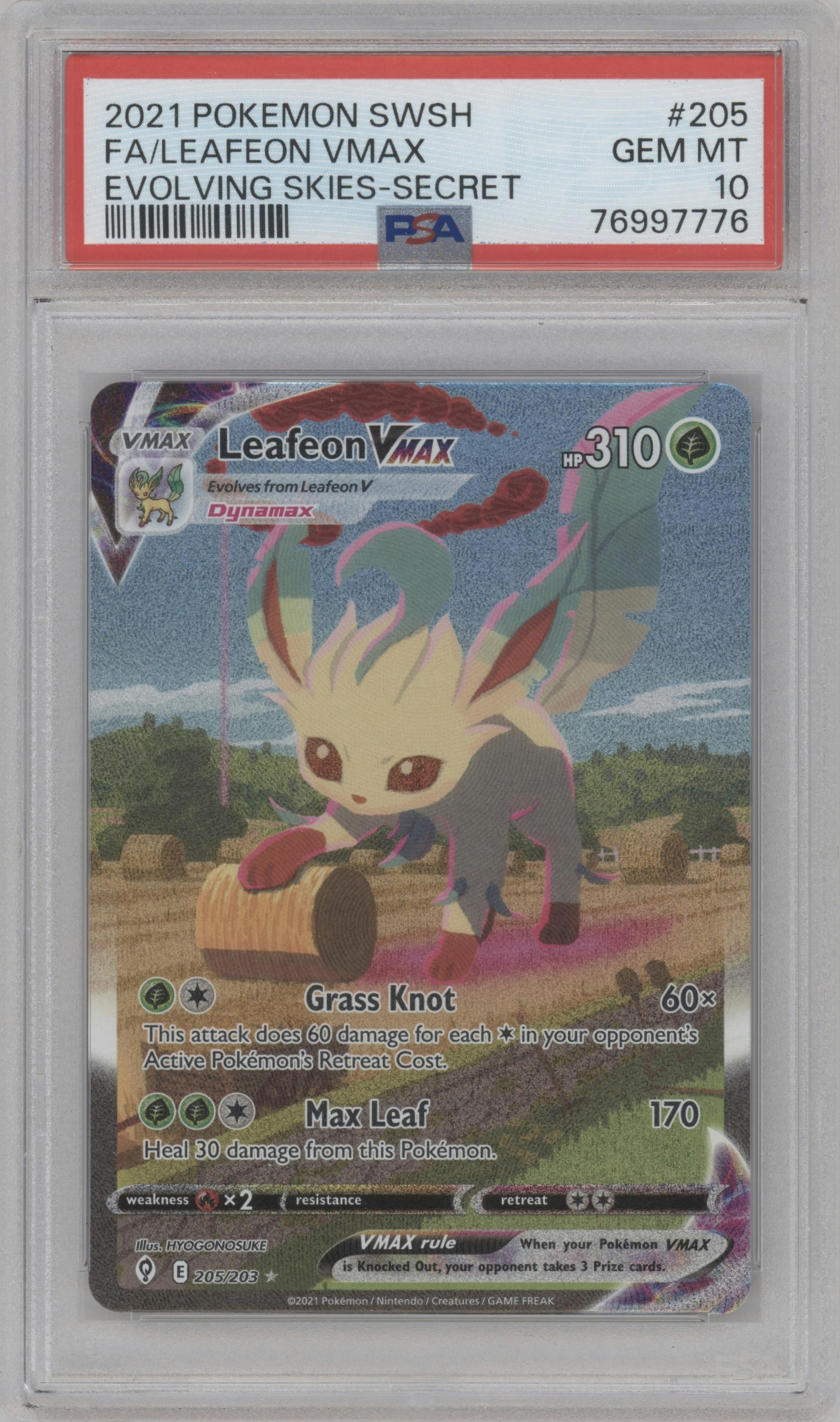 Leafeon VMAX from the 2021 Pokemon SWSH set graded by PSA and given an overall grade of 10.