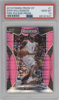 Zion Williamson from the 2019-20 Panini Prizm Draft Picks set featuring a Pink Pulsar  parallel graded by PSA and given an overall grade of 10.