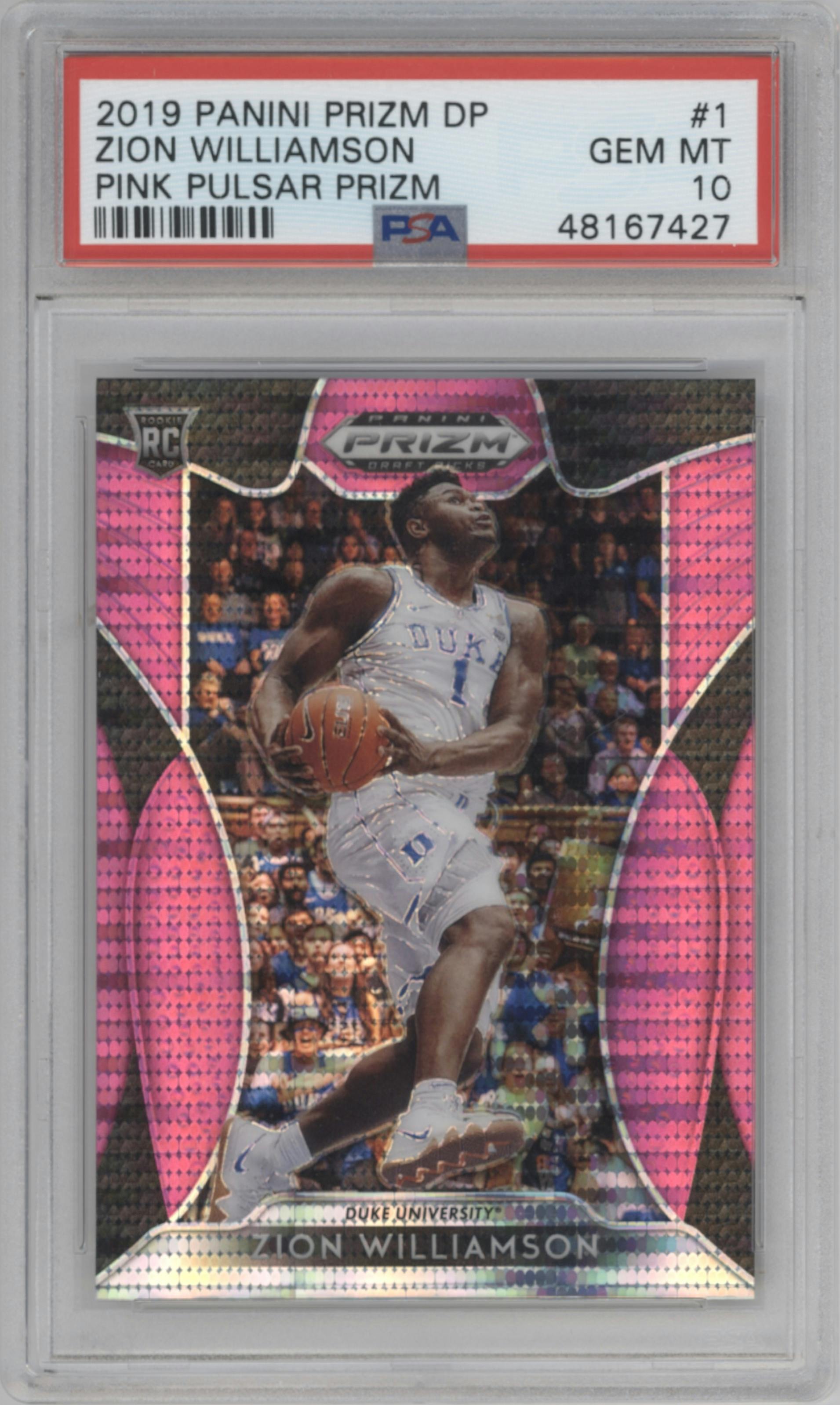 Zion Williamson from the 2019-20 Panini Prizm Draft Picks set featuring a Pink Pulsar  parallel graded by PSA and given an overall grade of 10.