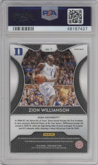 Zion Williamson from the 2019-20 Panini Prizm Draft Picks set featuring a Pink Pulsar  parallel graded by PSA and given an overall grade of 10.