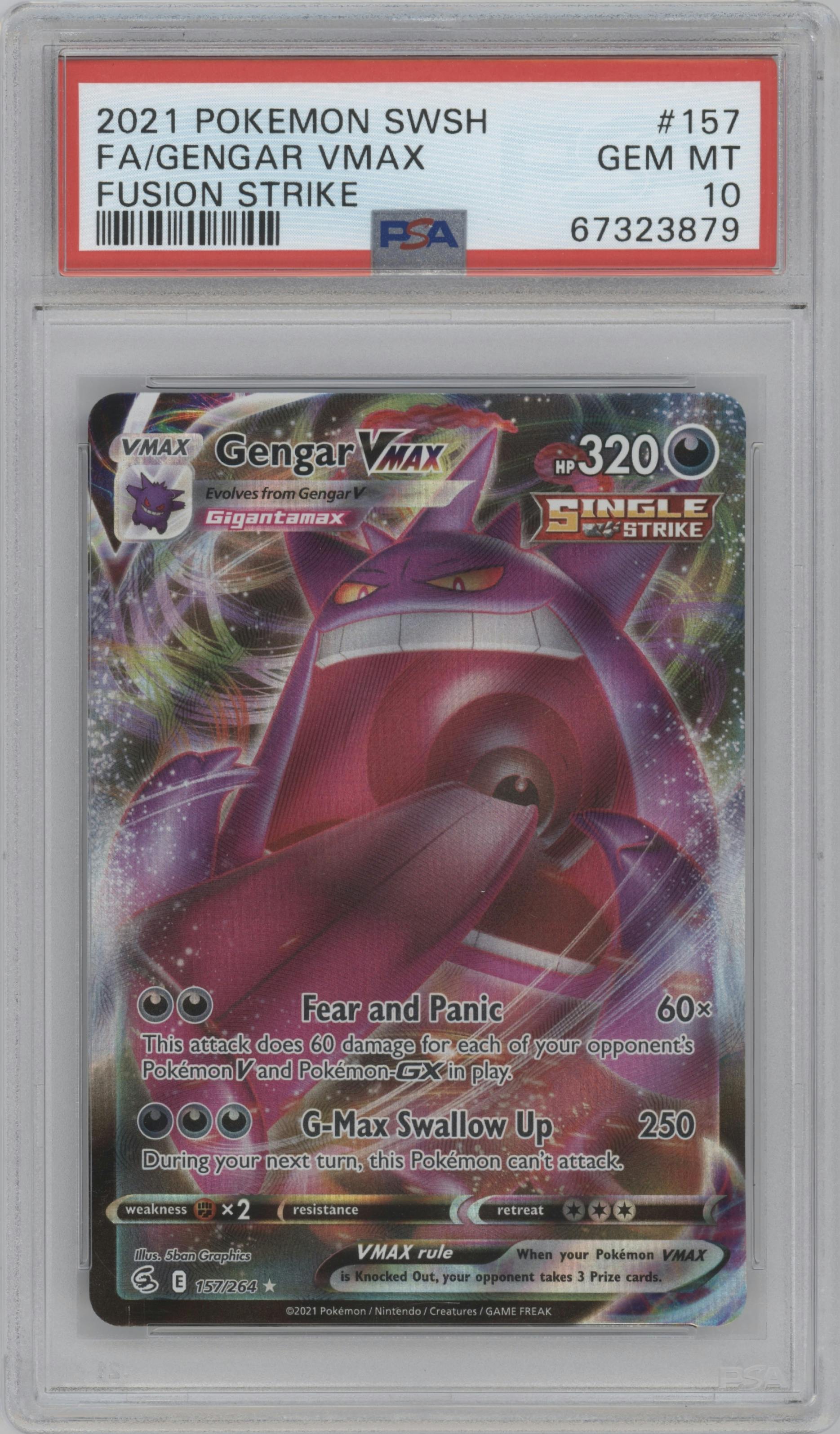 Gengar VMAX from the 2021 Pokemon SWSH set graded by PSA and given an overall grade of 10.