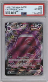 Gengar VMAX from the 2021 Pokemon SWSH set graded by PSA and given an overall grade of 10.