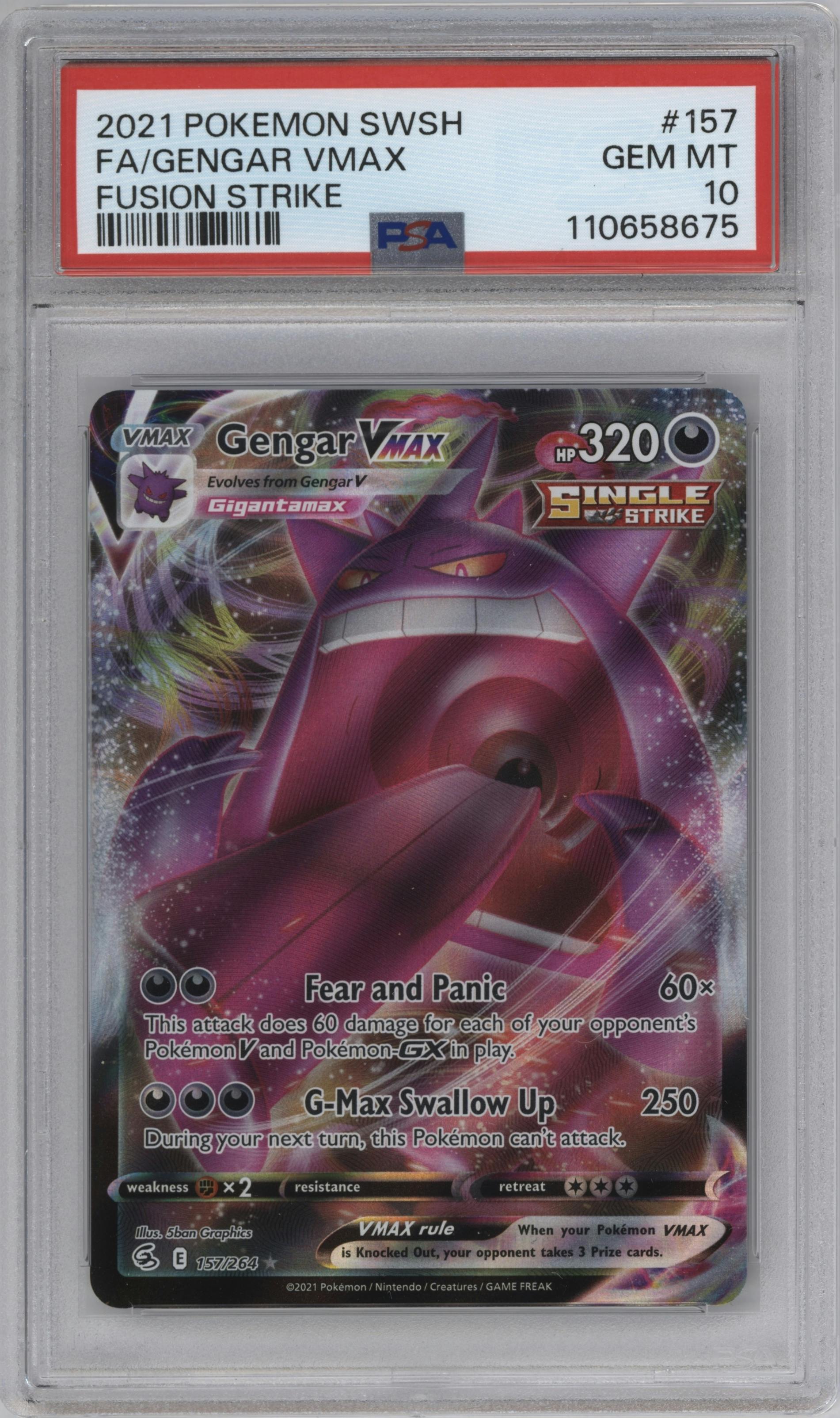 Gengar VMAX from the 2021 Pokemon SWSH set graded by PSA and given an overall grade of 10.