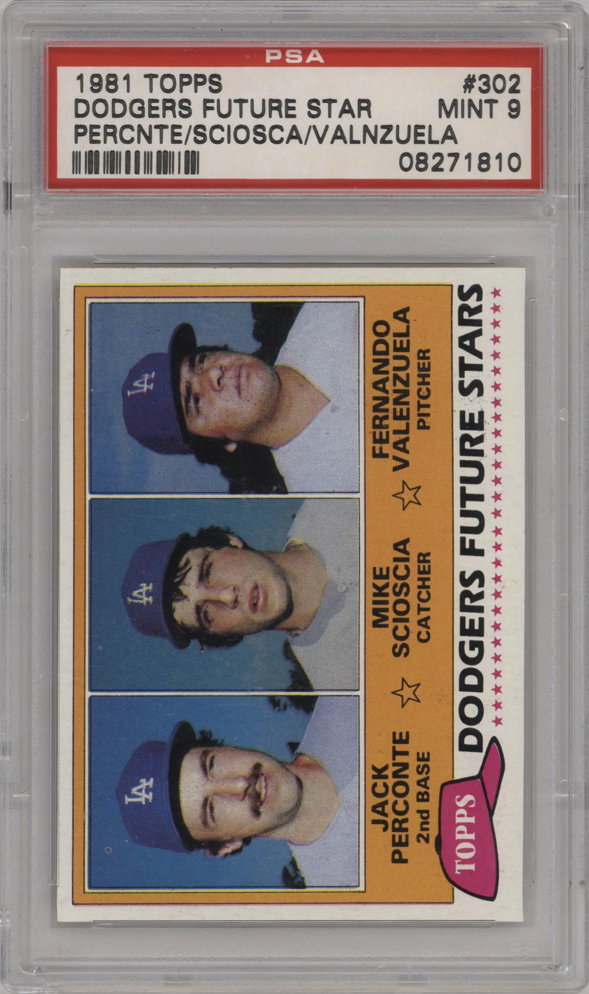 1981 Topps Jack Perconte/Mike Scioscia/Fernando Valenzuela #302 PSA 9