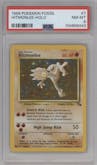 Hitmonlee from the 1999 Pokemon set graded by PSA and given an overall grade of 8.