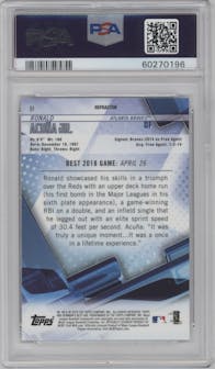 Ronald Acuna Jr. from the 2018 Bowman’s Best set featuring a Refractor parallel graded by PSA and given an overall grade of 10.