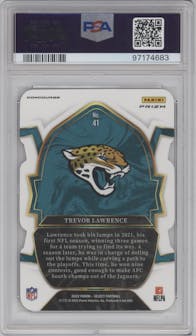 Trevor Lawrence  from the 2022 Panini Select set featuring a Die-Cut Black/Red parallel graded by PSA and given an overall grade of 10.