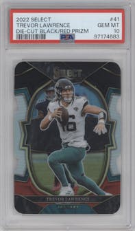 Trevor Lawrence  from the 2022 Panini Select set featuring a Die-Cut Black/Red parallel graded by PSA and given an overall grade of 10.