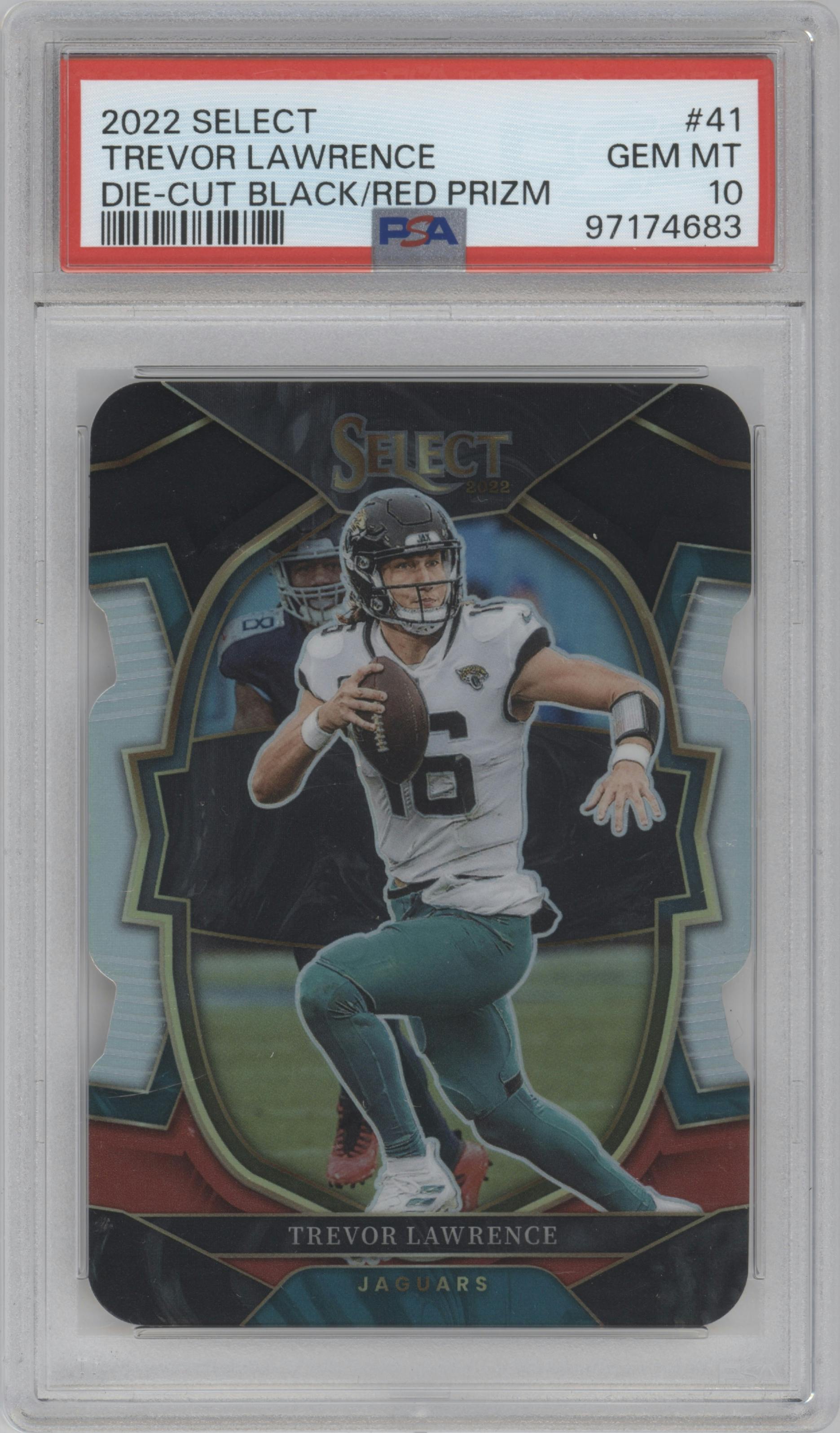 Trevor Lawrence  from the 2022 Panini Select set featuring a Die-Cut Black/Red parallel graded by PSA and given an overall grade of 10.