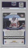 Saquon Barkley from the 2020 Panini Prizm set featuring a Black & White Checker parallel graded by PSA and given an overall grade of 10.