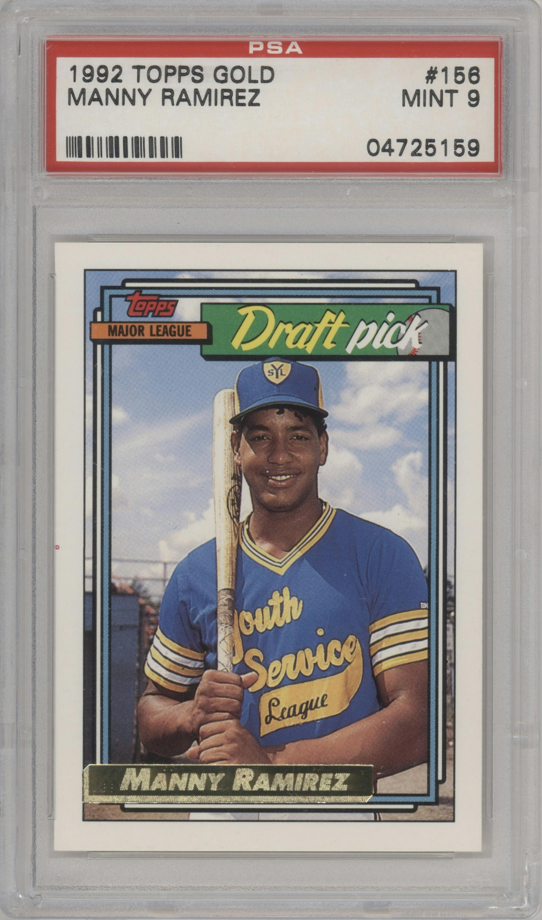 Manny Ramirez from the 1992 Topps set featuring a Gold parallel graded by PSA and given an overall grade of 9.