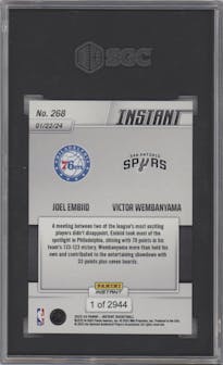 Joel Embiid/Victor Wembanyama from the 2023-24 Panini Instant NBA set graded by SGC and given an overall grade of 10.