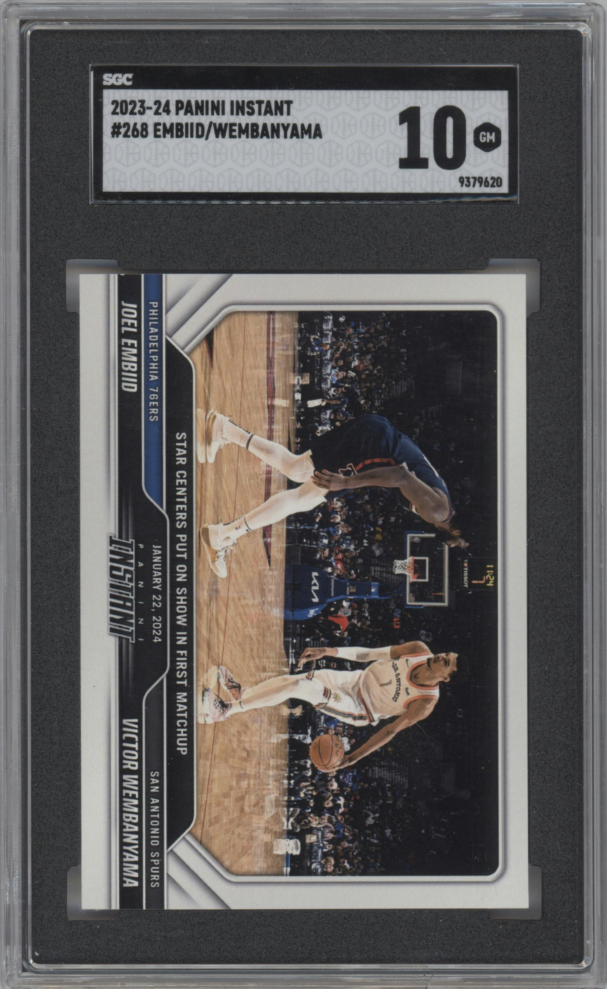 Joel Embiid/Victor Wembanyama from the 2023-24 Panini Instant NBA set graded by SGC and given an overall grade of 10.