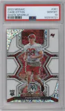 Cade Otton from the 2022 Panini Mosaic set featuring a White Sparkle parallel graded by PSA and given an overall grade of 10.