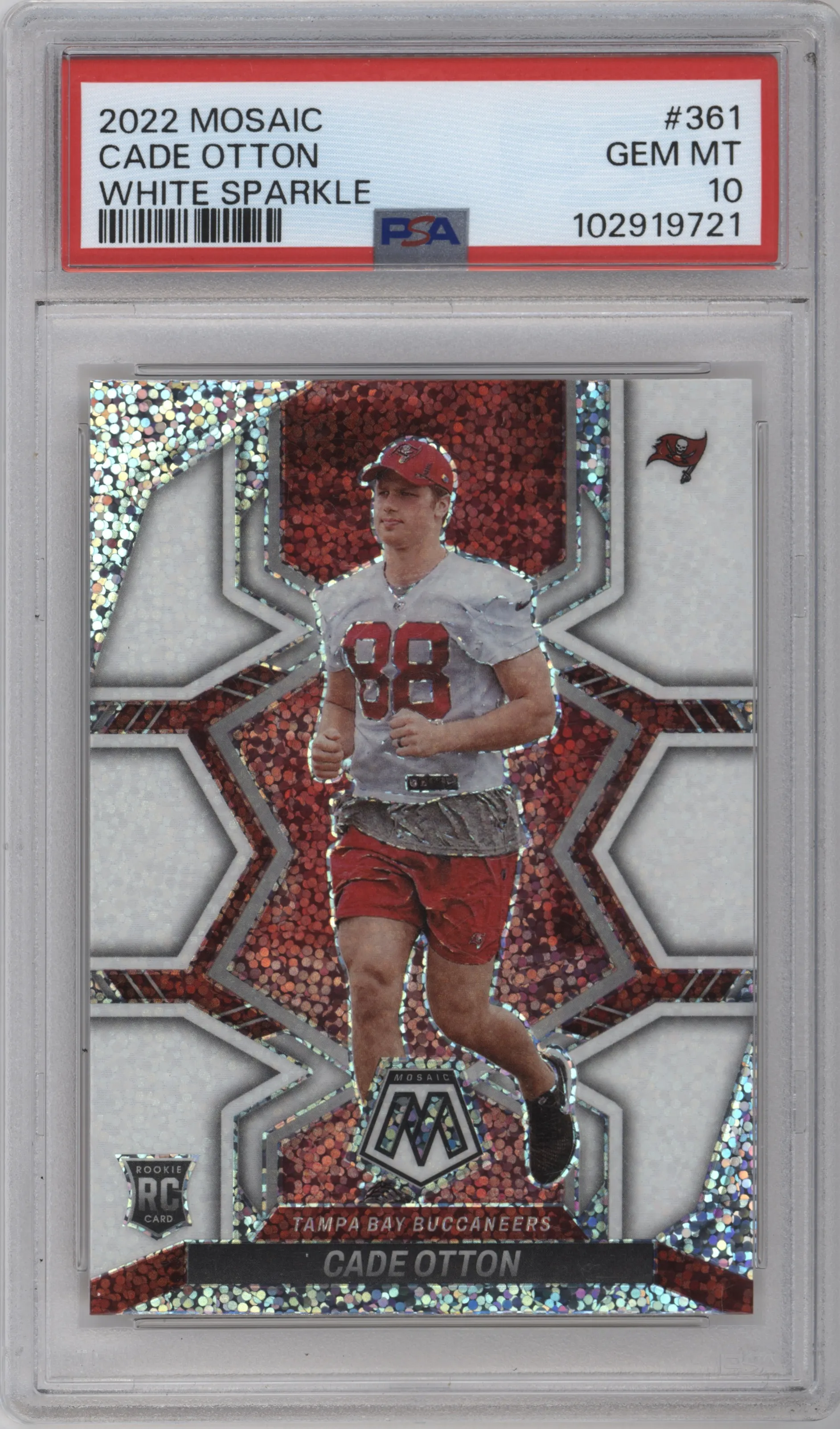 Cade Otton from the 2022 Panini Mosaic set featuring a White Sparkle parallel graded by PSA and given an overall grade of 10.