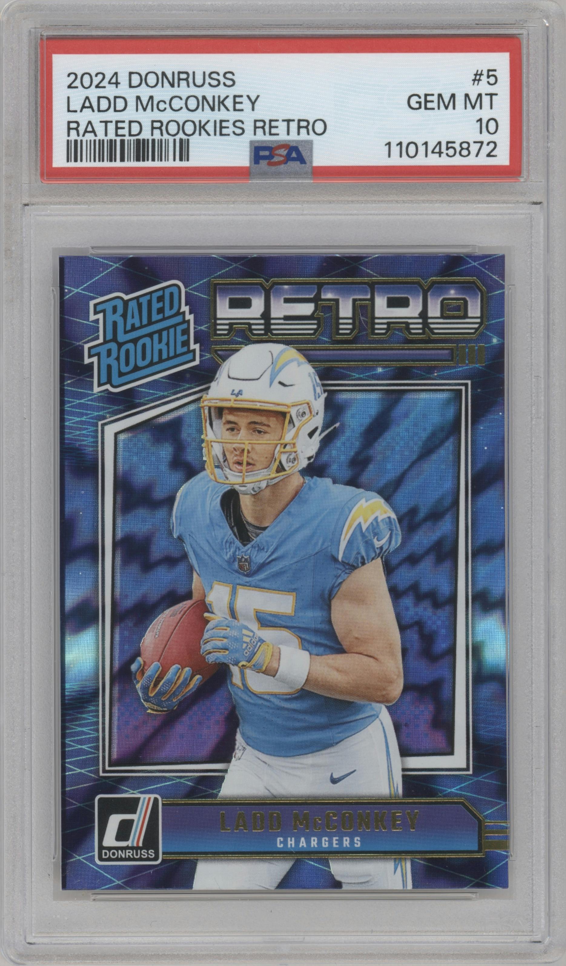 Ladd McConkey from the 2024 Donruss set graded by PSA and given an overall grade of 10.