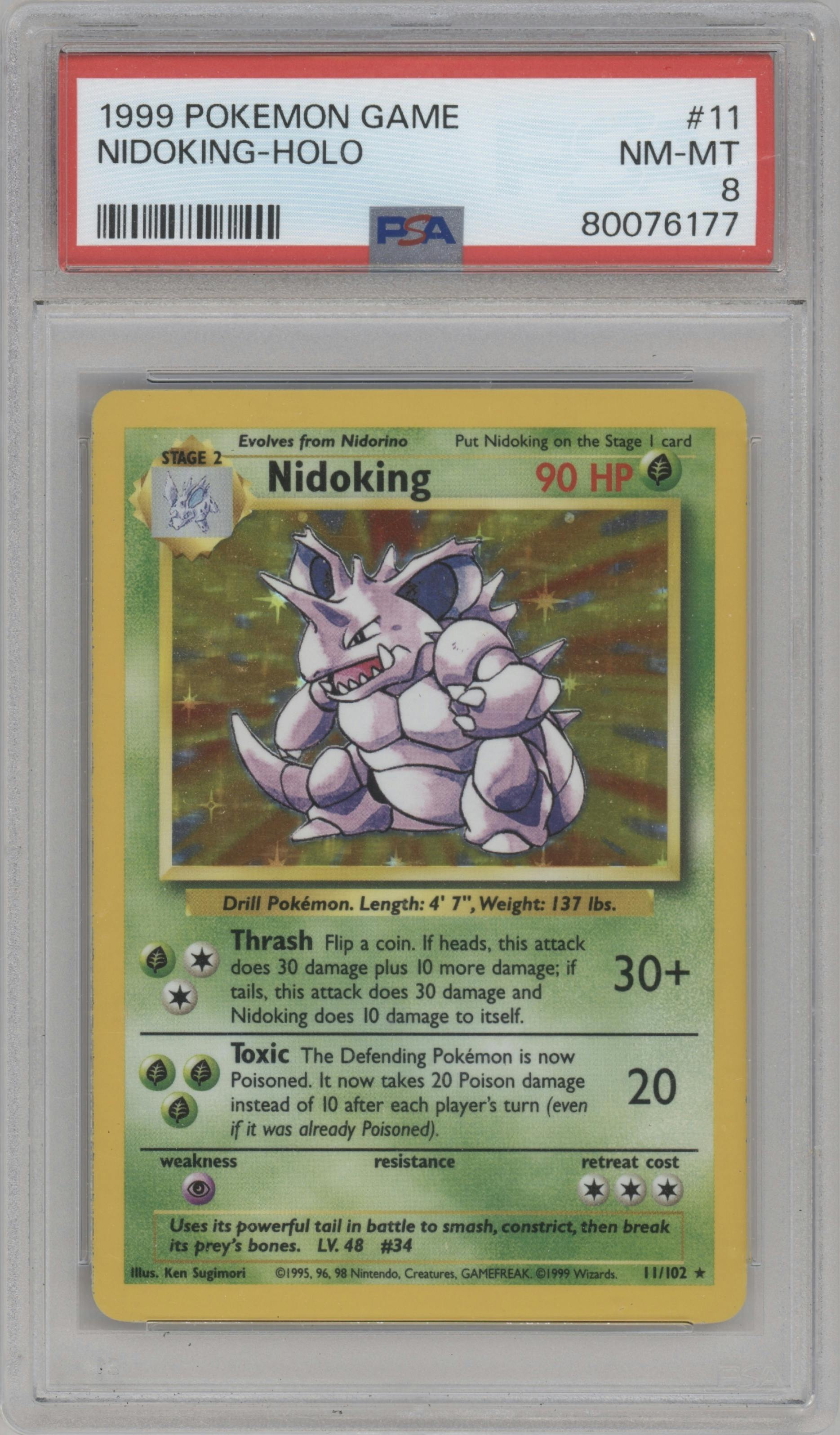 Nidoking from the 1999 Pokemon set graded by PSA and given an overall grade of 8.