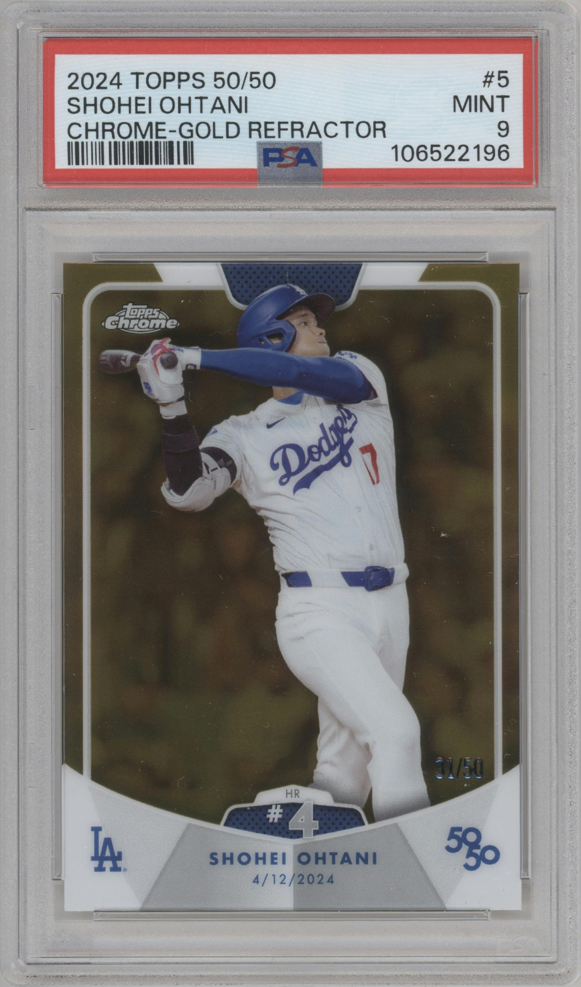 Shohei Ohtani from the 2024 Topps 50/50 set featuring a Chrome Gold parallel graded by PSA and given an overall grade of 9.