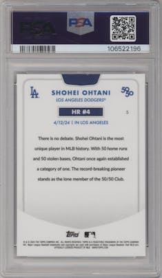 Shohei Ohtani from the 2024 Topps 50/50 set featuring a Chrome Gold parallel graded by PSA and given an overall grade of 9.