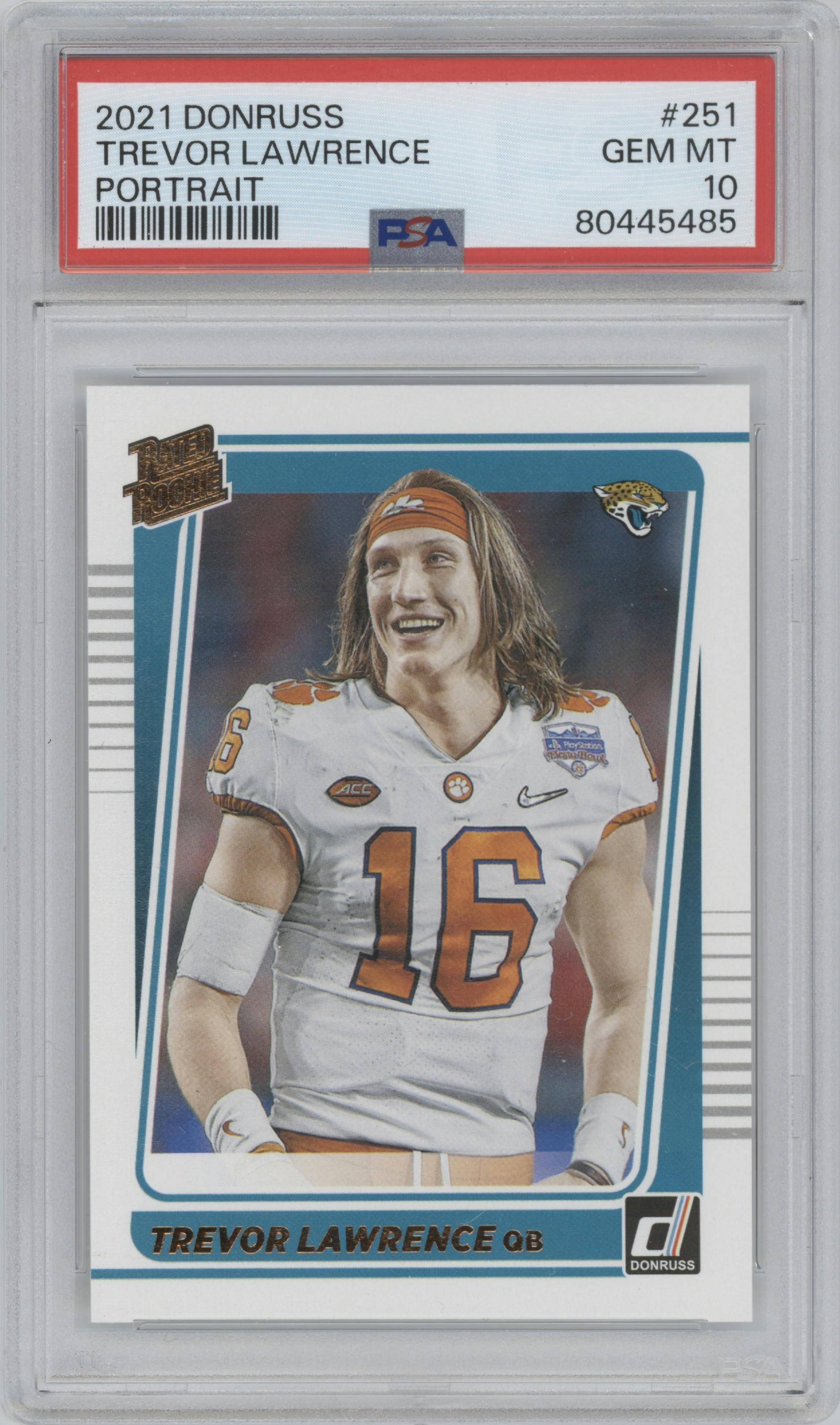 Trevor Lawrence from the 2021 Panini Donruss set graded by PSA and given an overall grade of 10.