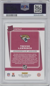 Trevor Lawrence from the 2021 Panini Donruss set graded by PSA and given an overall grade of 10.