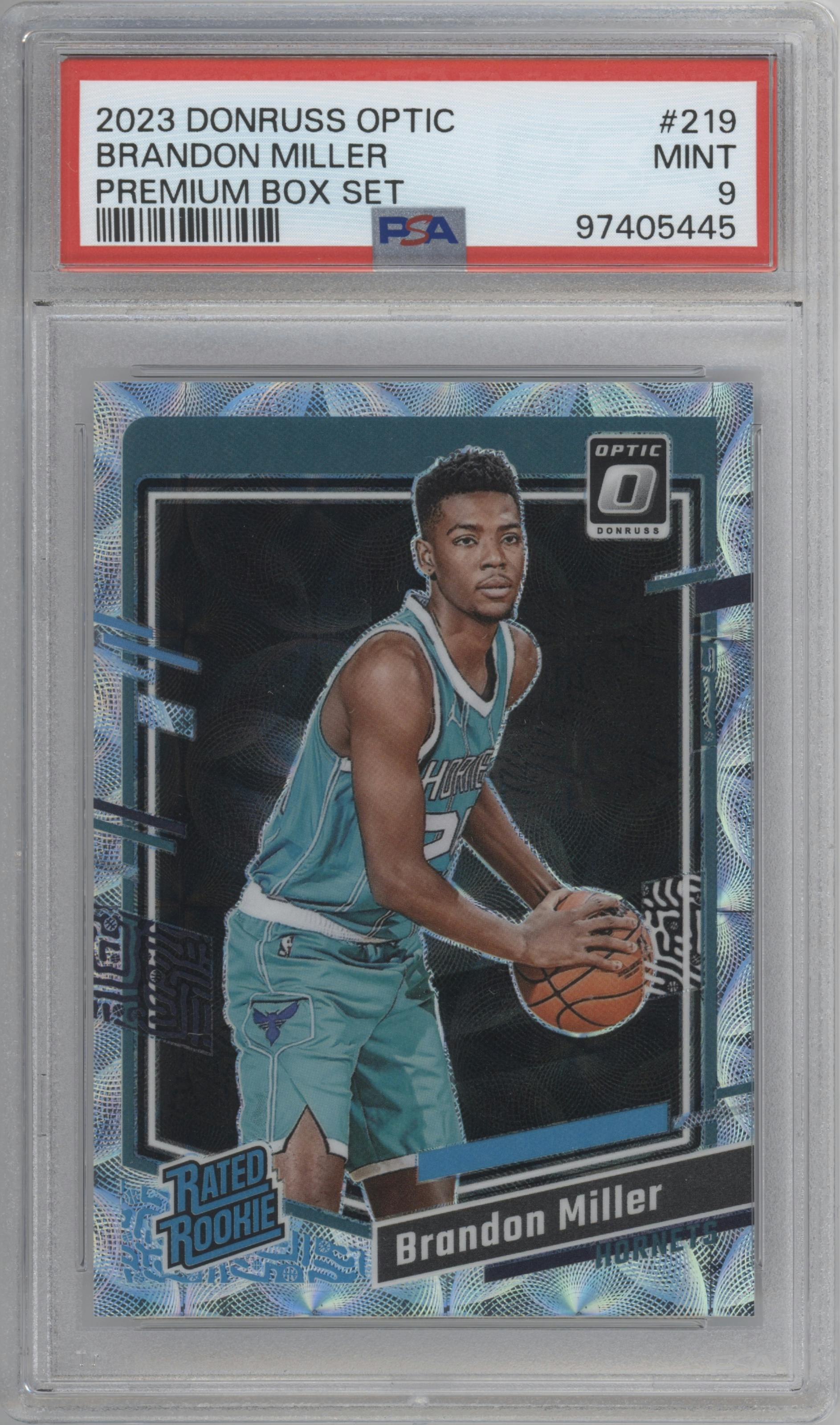 Brandon Miller from the 2023-24 Donruss Optic set featuring a Premium Box Set parallel graded by PSA and given an overall grade of 9.