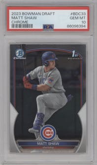 Matt Shaw from the 2023 Bowman Draft set graded by PSA and given an overall grade of 10.