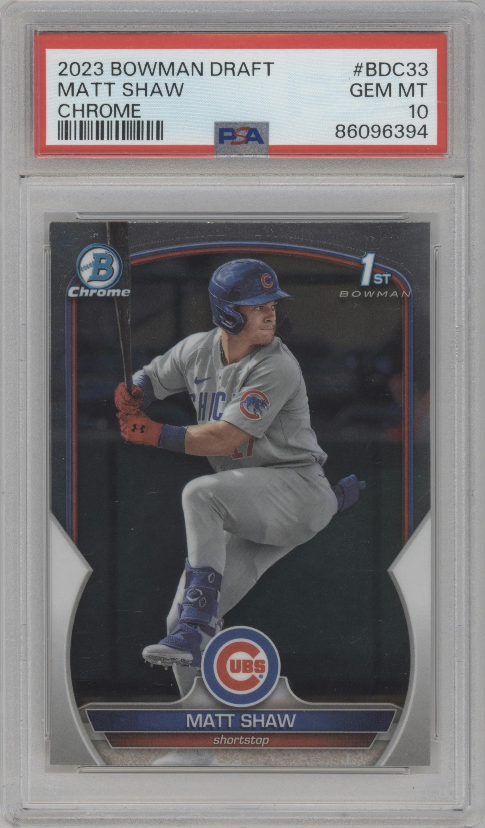 Matt Shaw from the 2023 Bowman Draft set graded by PSA and given an overall grade of 10.
