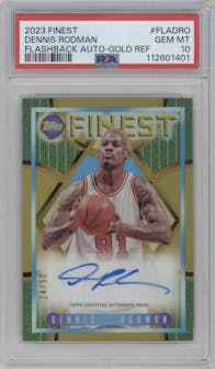 Dennis Rodman from the 2023-24 Finest set featuring a Gold Refractors parallel graded by PSA and given an overall grade of 10.