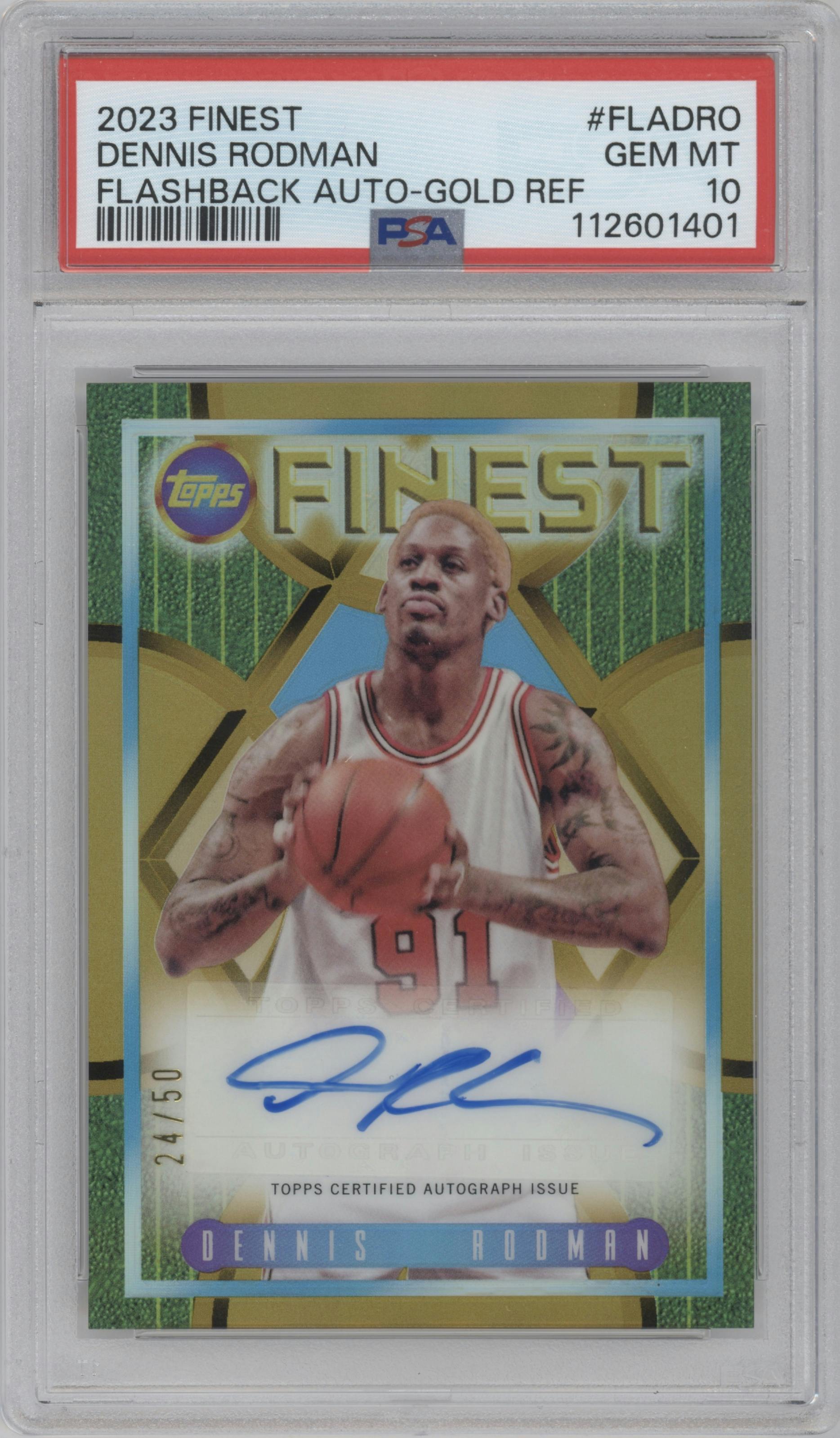 Dennis Rodman from the 2023-24 Finest set featuring a Gold Refractors parallel graded by PSA and given an overall grade of 10.