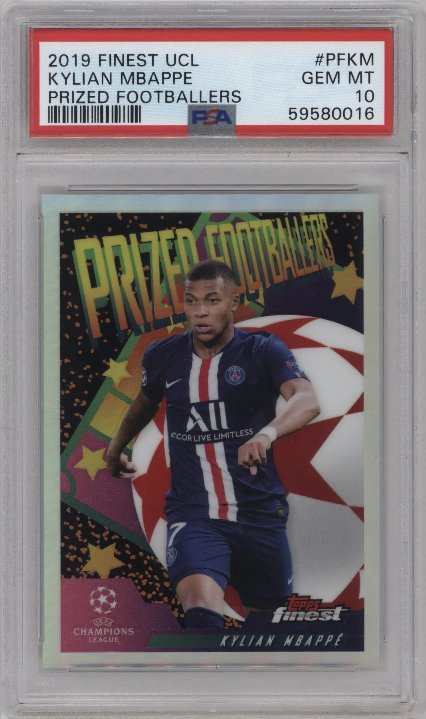 2019 Topps Finest UEFA Champions League Prized Footballers Kylian Mbappe #PF-KM PSA 10