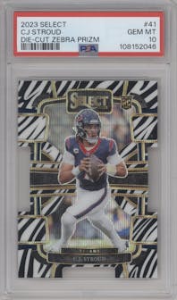 C.J. Stroud from the 2023 Panini Select set featuring a Die-Cut Zebra Prizm parallel graded by PSA and given an overall grade of 10.