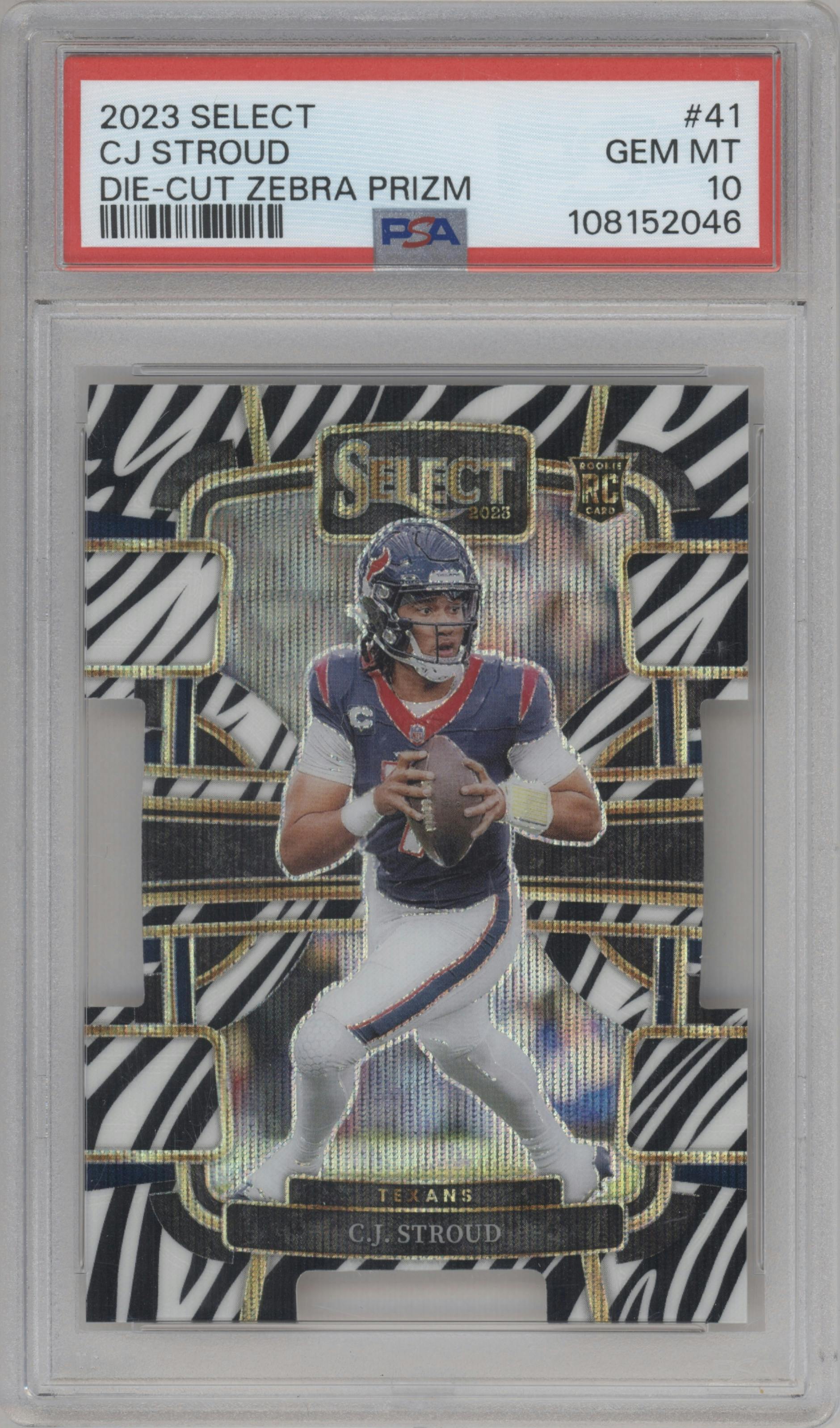 C.J. Stroud from the 2023 Panini Select set featuring a Die-Cut Zebra Prizm parallel graded by PSA and given an overall grade of 10.