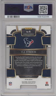 C.J. Stroud from the 2023 Panini Select set featuring a Die-Cut Zebra Prizm parallel graded by PSA and given an overall grade of 10.