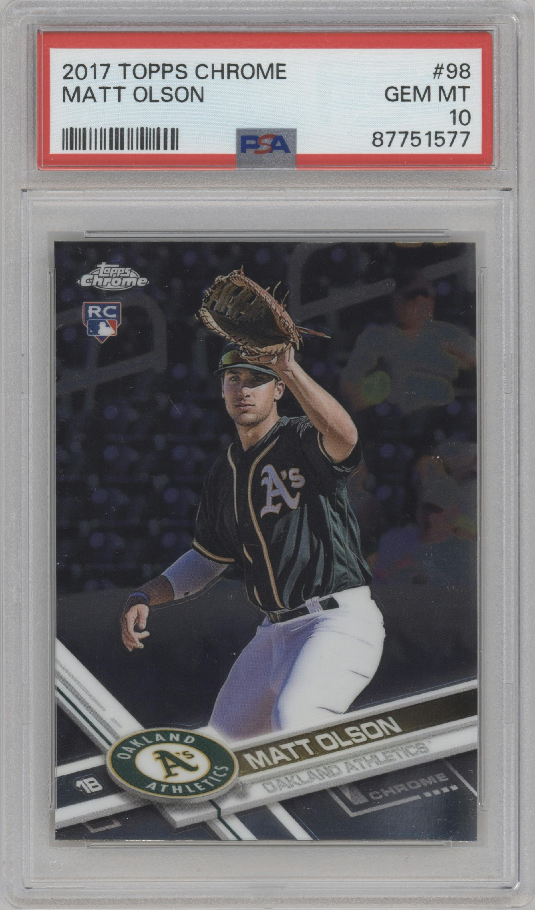 Matt Olson from the 2017 Topps Chrome set graded by PSA and given an overall grade of 10.