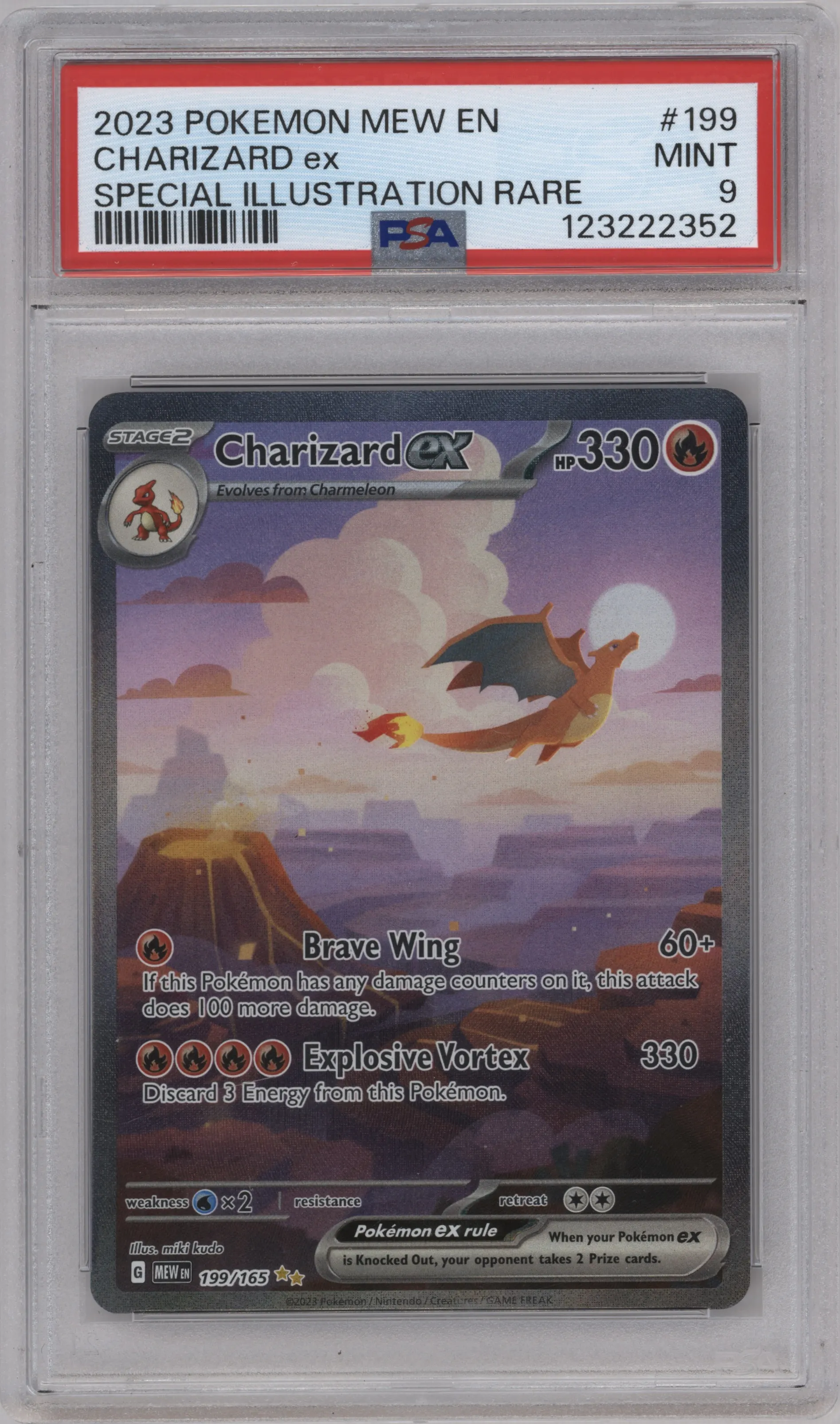 Charizard ex from the 2023 Pokemon SV set graded by PSA and given an overall grade of 9.