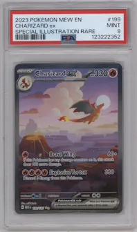 Charizard ex from the 2023 Pokemon SV set graded by PSA and given an overall grade of 9.