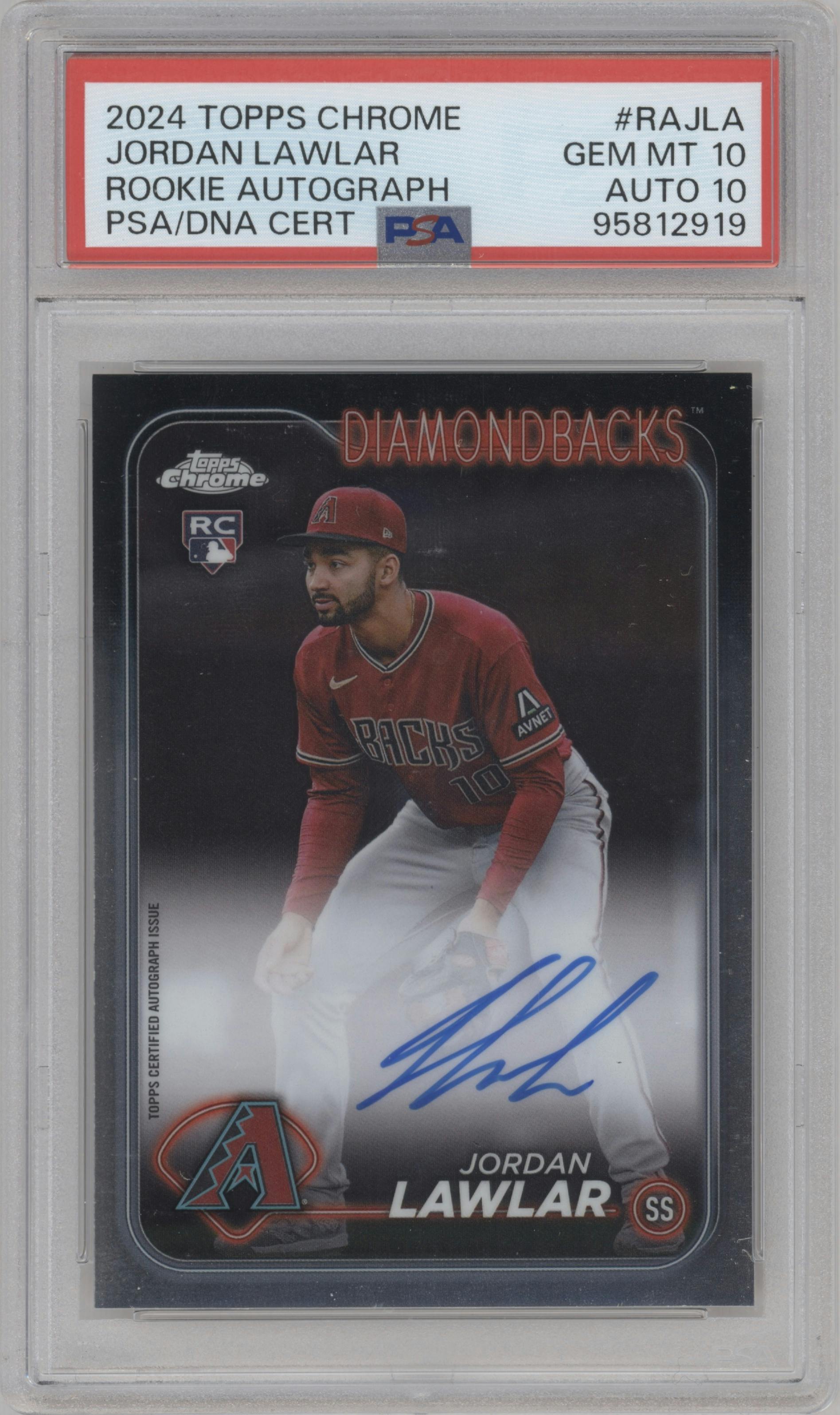 Jordan Lawlar from the 2024 Topps Chrome set graded by PSA and given an overall grade of 10.