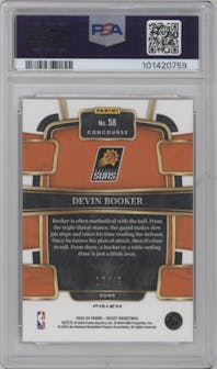 Devin Booker from the 2023-24 Panini Select  set featuring a Bronze Checker Prizm parallel graded by PSA and given an overall grade of 9.