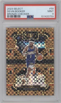 Devin Booker from the 2023-24 Panini Select  set featuring a Bronze Checker Prizm parallel graded by PSA and given an overall grade of 9.