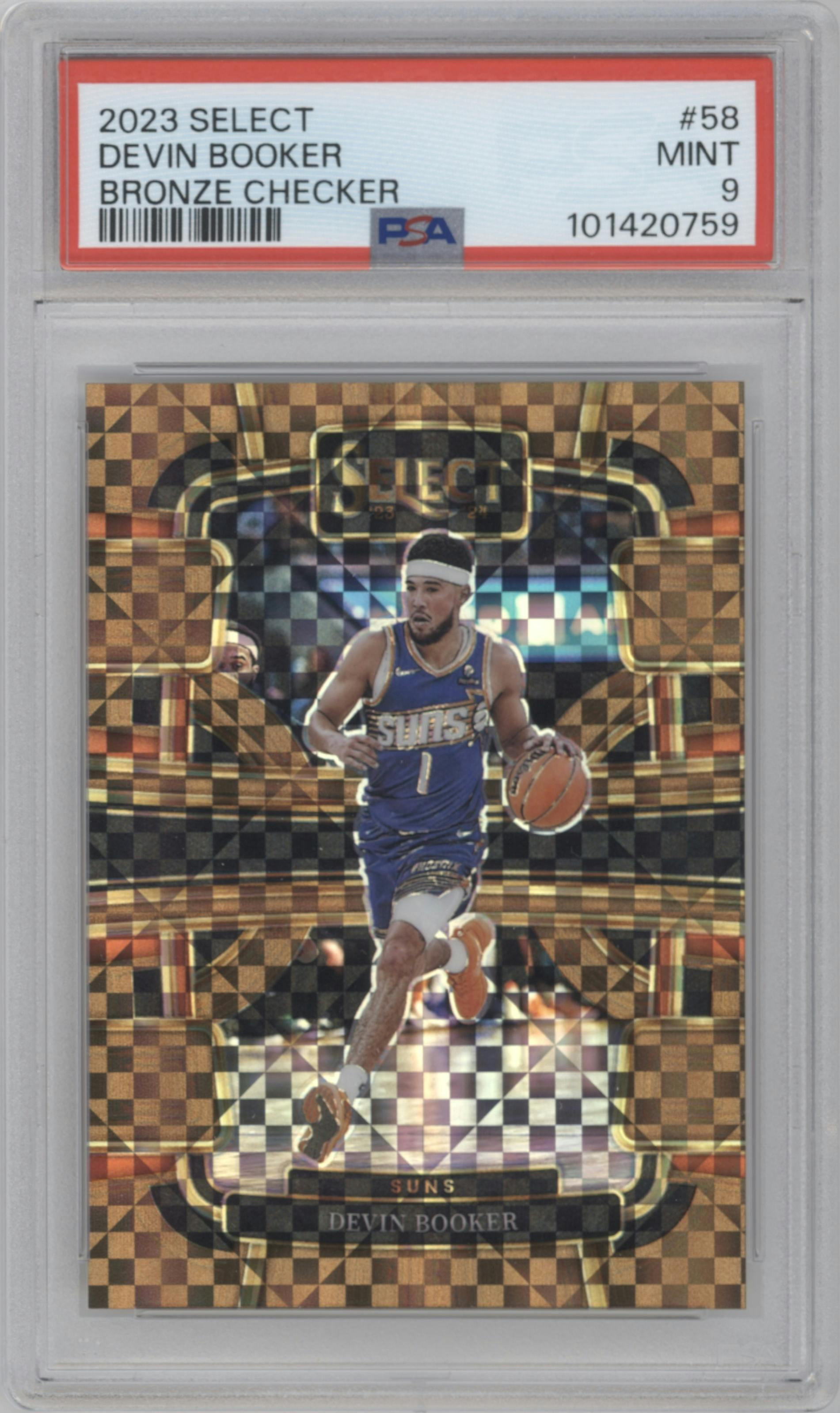Devin Booker from the 2023-24 Panini Select  set featuring a Bronze Checker Prizm parallel graded by PSA and given an overall grade of 9.