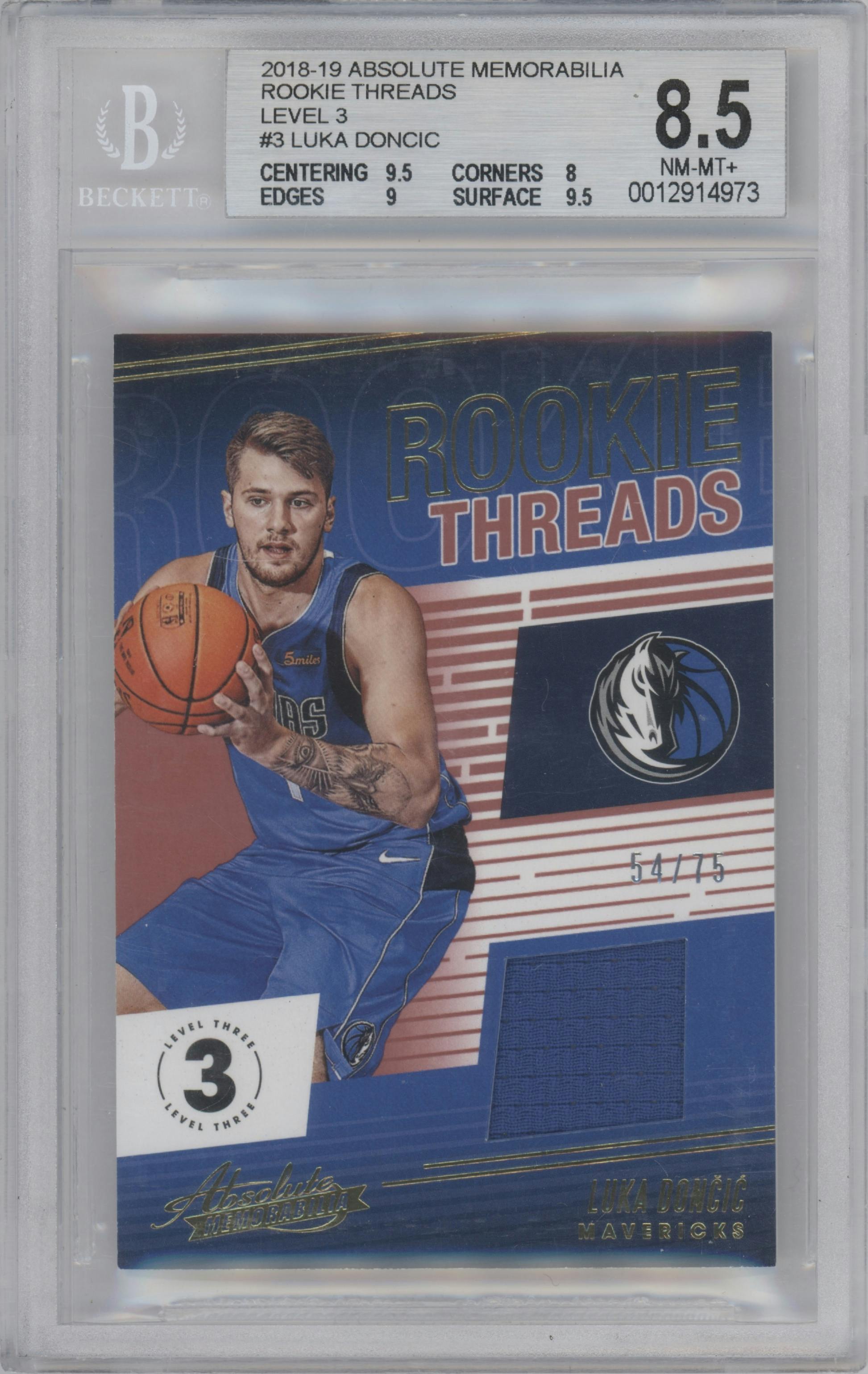 Luka Doncic from the 2018-19 Panini Absolute Memorabilia set featuring a Level 3 parallel graded by Beckett and given an overall grade of 8.5.