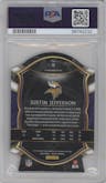 Justin Jefferson from the 2020 Panini Select set featuring a Die-Cut Purple parallel graded by PSA and given an overall grade of 10.
